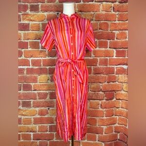 Lucy Paris Vibrant Pink & Orange Striped T-Shirt Dress Size Small‎ Linen Blend